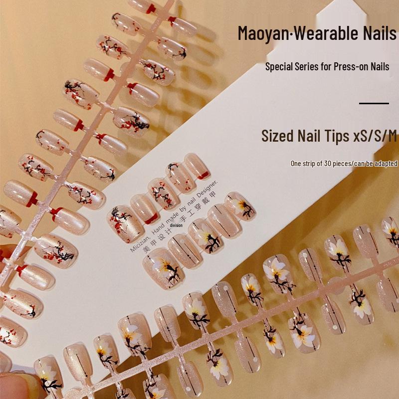

Chinese Style Cat Eye Magnolia & Plum Blossom Wearable False Nails, Short T-Shape