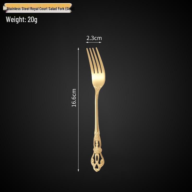 Royal Court 5-Piece Cutlery Set: Vintage Titanium-Plated Gold Stainless Steel Knife, Fork & Spoon with Embossed Hollow Design.