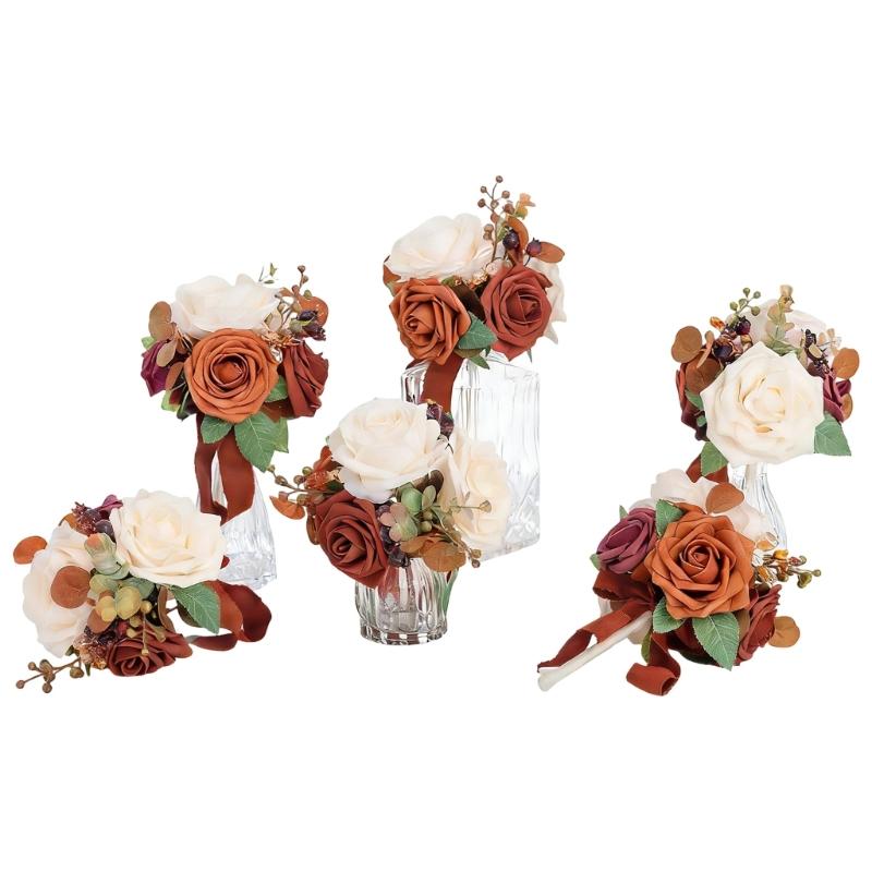 6Pcs Wedding Bouquets with Ribbon for Bride and Bridesmaid Realistic Artificial Rose Flower Bouquets Photography Tool