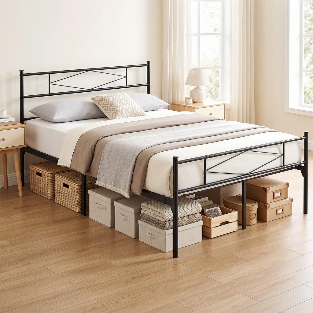 5ft King Bed Frame with Headboard and Footboard, Metal Platform Bed Frame with 32 Cm Underbed Storage, Black