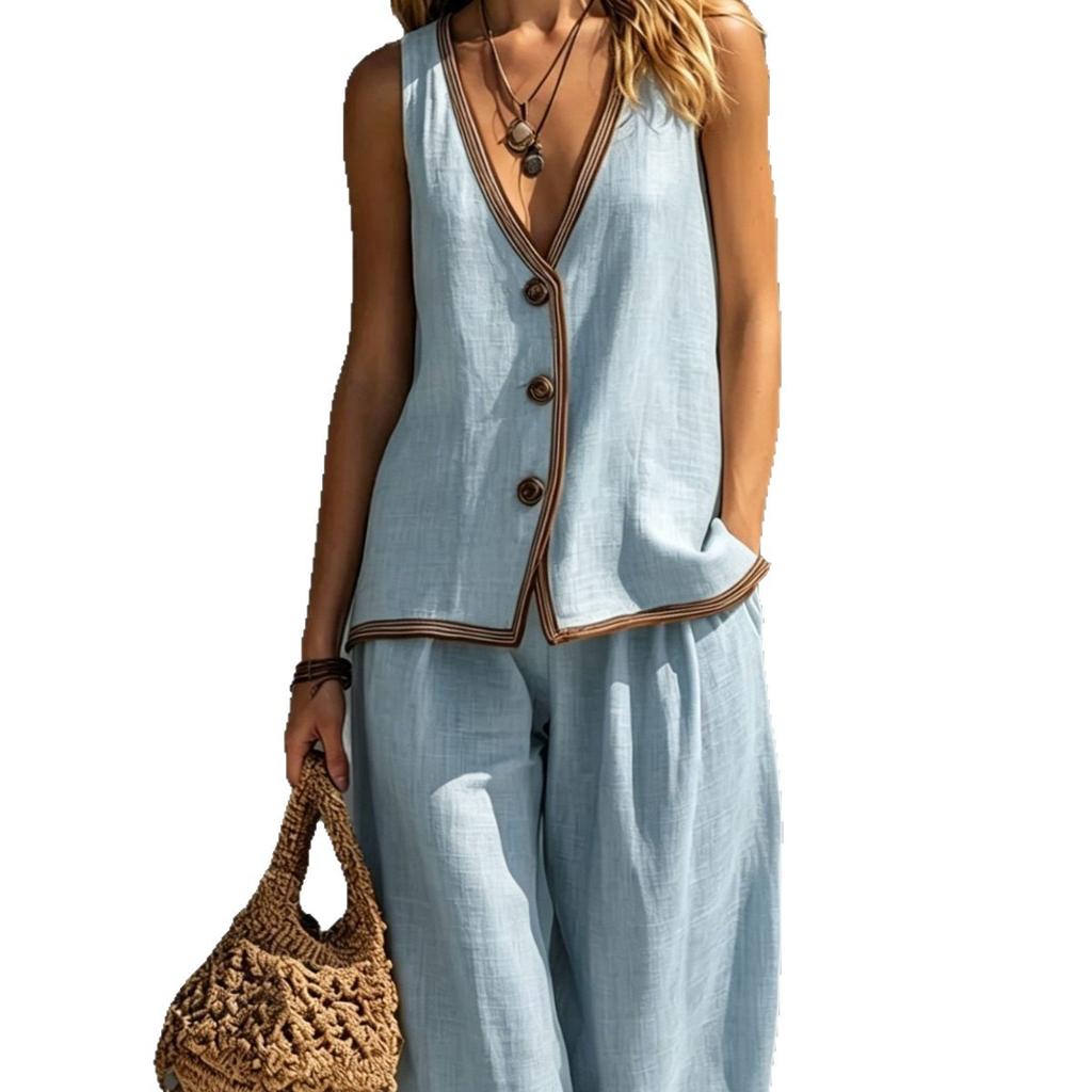Cross-border exclusive for European and American summer women's vacation style two-piece set, solid color button casual vest cardigan women's shorts