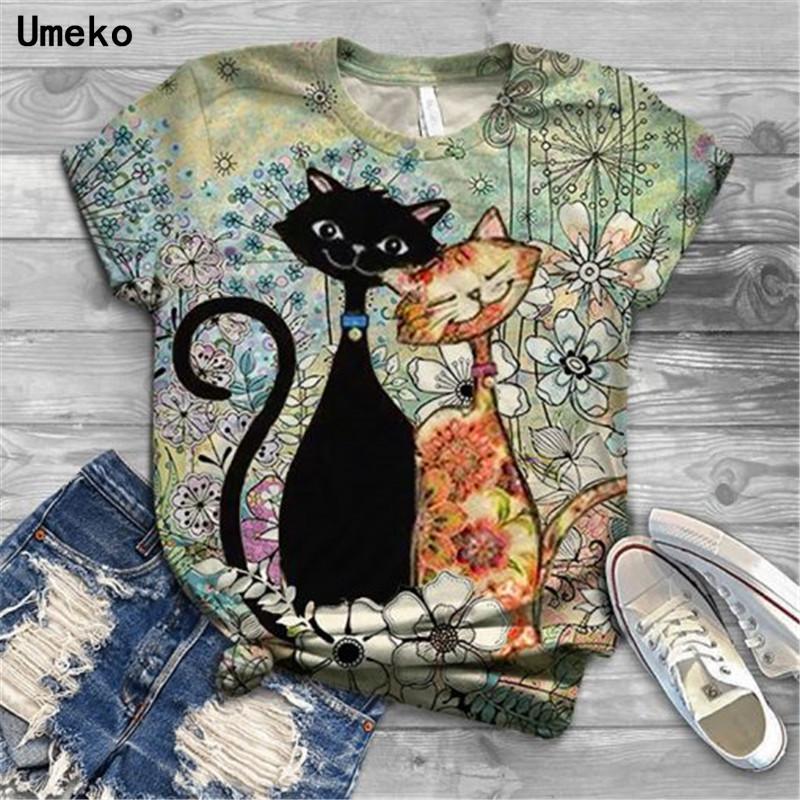 Women Summer T Shirt Trend Kitten Print Retro Fashion Short Sleeve Tees Casual   Printed  Tops