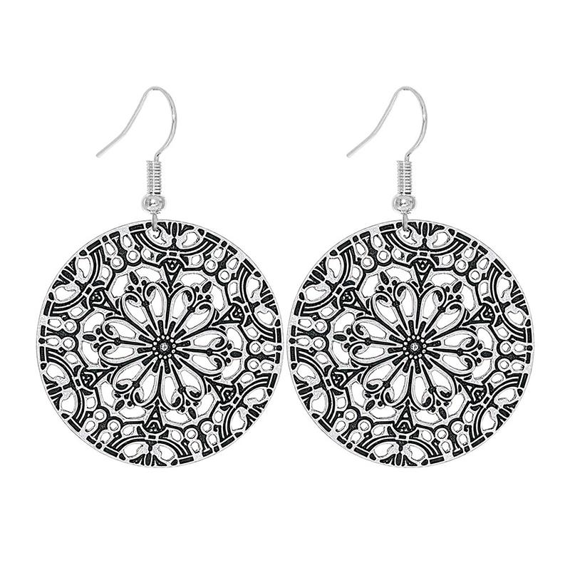 Fashion Vintage Tibetan Silver Carving Round Geometric Flower Drop Earrings Woman Retro Ethnic Boho Long Dangle Female Earrings