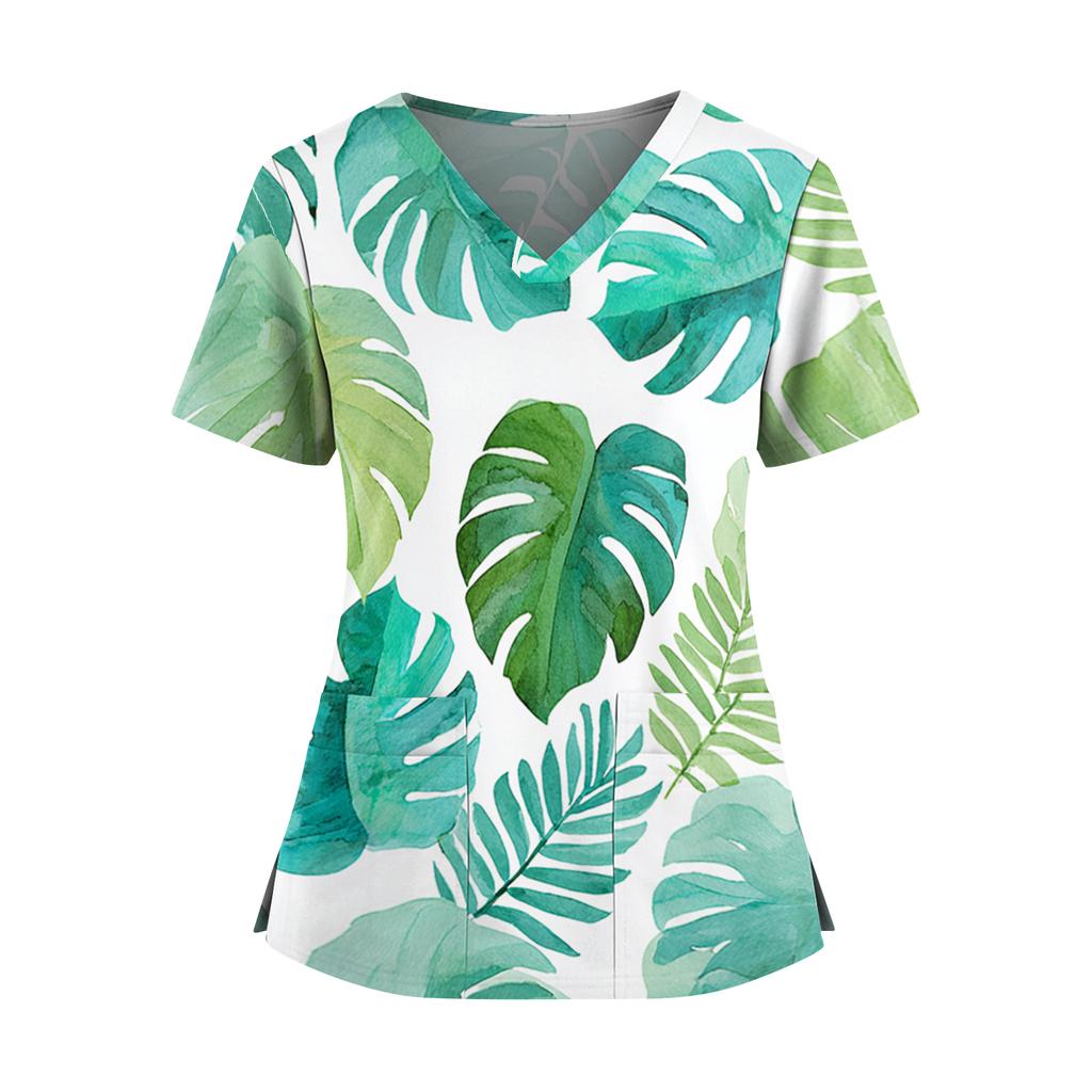 Women's Hawaiian Print V-Neck Double Pocket Short Sleeve Uniform/ Top