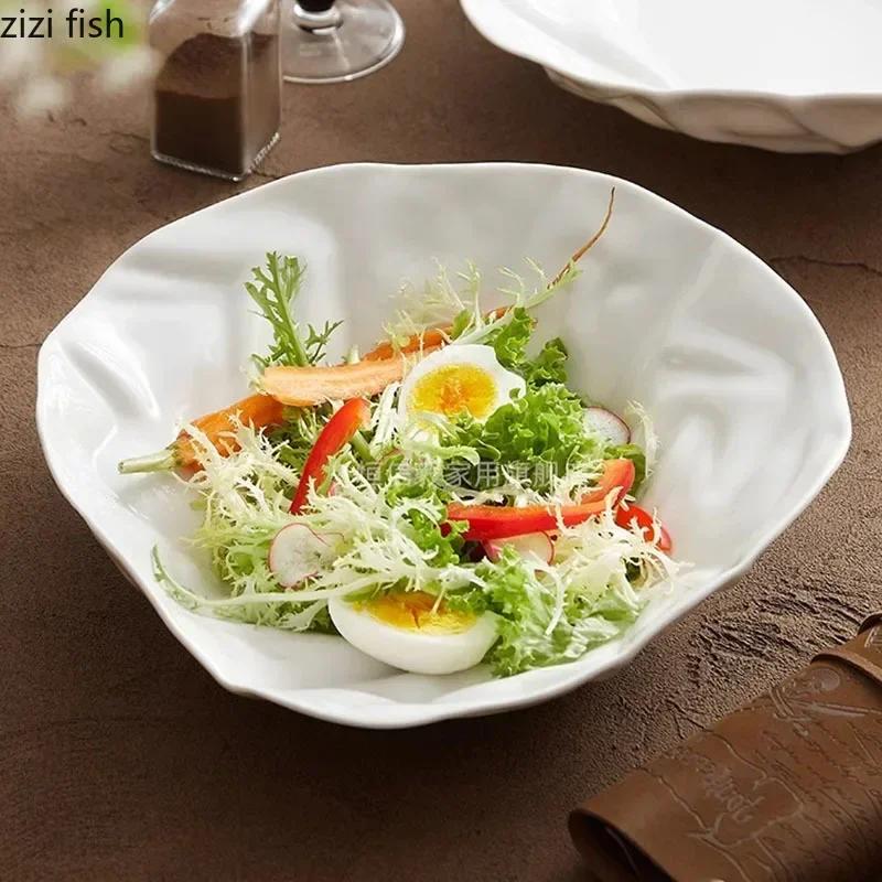 Pure White Ceramic Pleated Plate Restaurant Irregular Soup Plate Salad Plate Pasta Dessert Plates Cooking Specialty Tableware