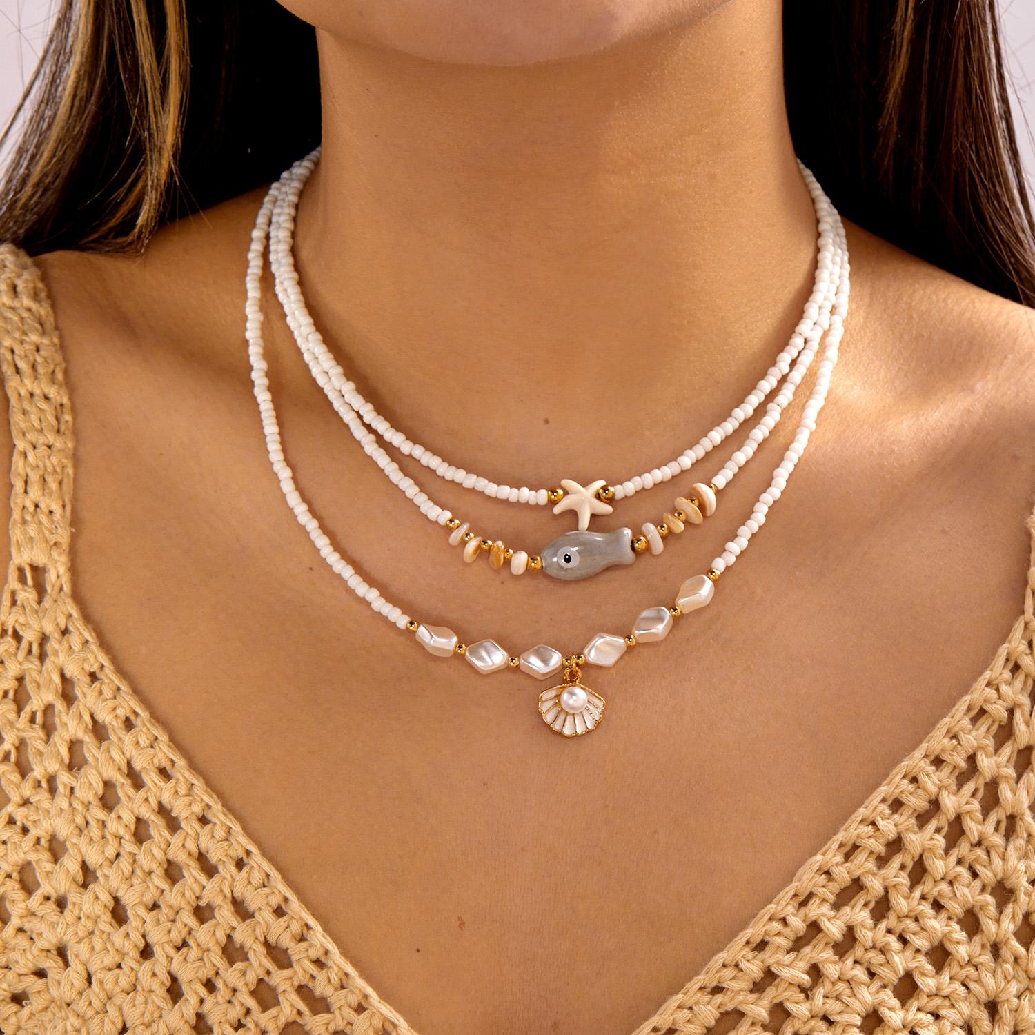 Tropical Fresh 3Pcs Layered Necklace Set For Women Starfish Fish Shell Rice Beaded Summer Beach Jewelry