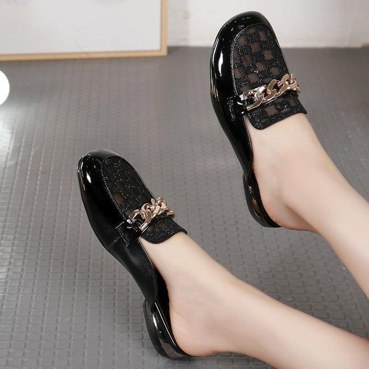 Summer 2025 Women's Chain Mesh Pointed Toe Chunky Low Heel Mules