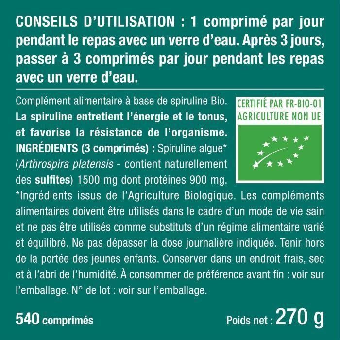 Spiruline bio pure certifiée ab sans excipient - 540 comprimés 500 mg - protéines, vitamines, oligo-éléments et caroténoïdes -
