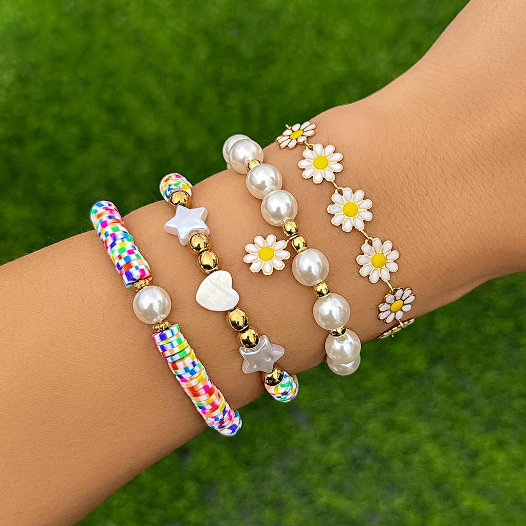 5Pcs/Set Kpop Sunflower Ball Polymer Clay Chain Bracelets for Women 2026 Trending Rhinestone Love Heart Bangles Couple Jewelry