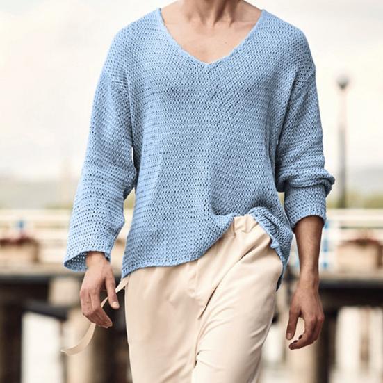 Men Sweater V Neck Easy To Match Breathable Elastic Comfortable Knit Long Sleeves Loose Pullover Fall Sweater Men Clothes