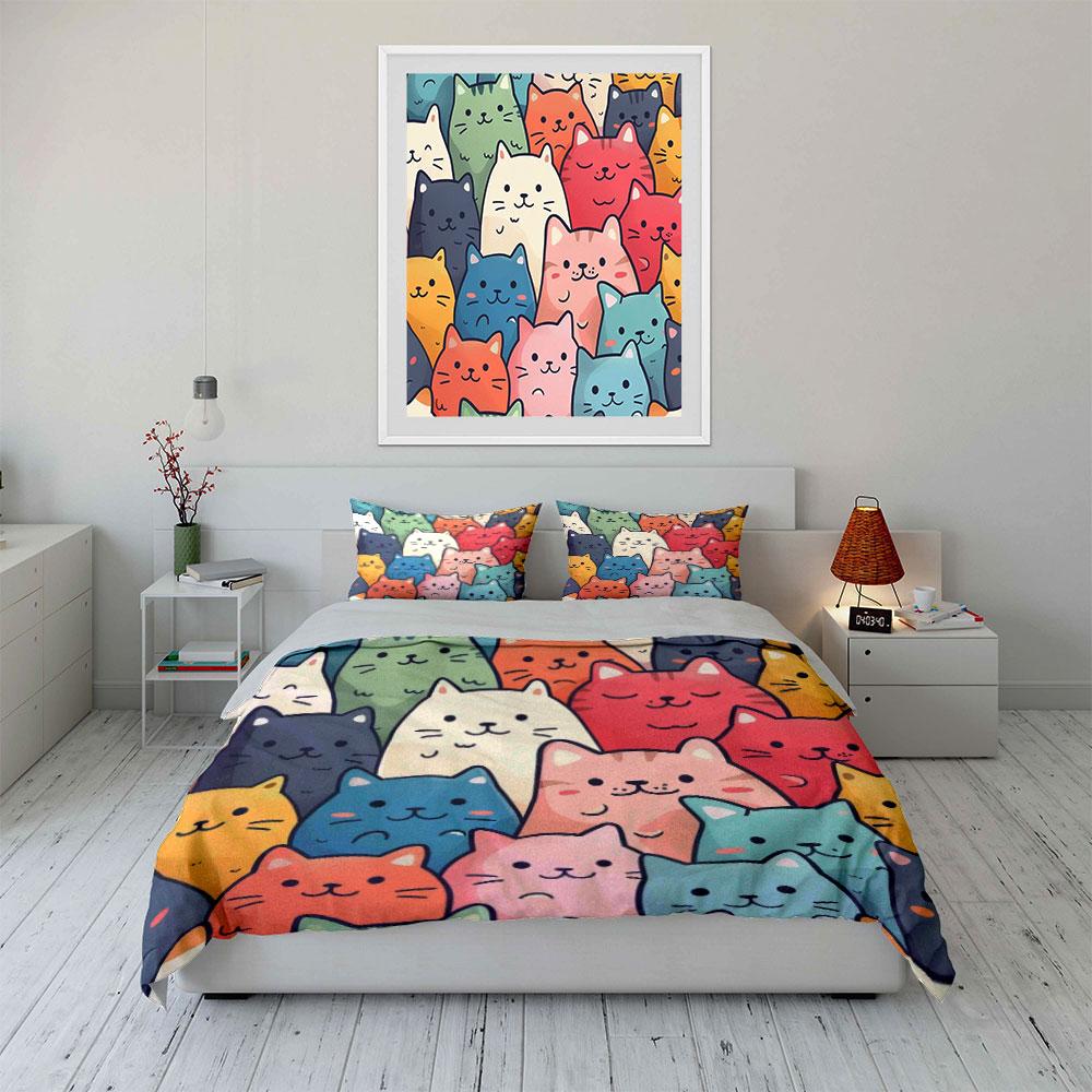 Colorful Cat Pattern Bed Set Bedding Duvet Cover Set Duvet Cover Pillowcases (1 * Duvet Cover 2 * Pillowcases, Without Duvet Insert)