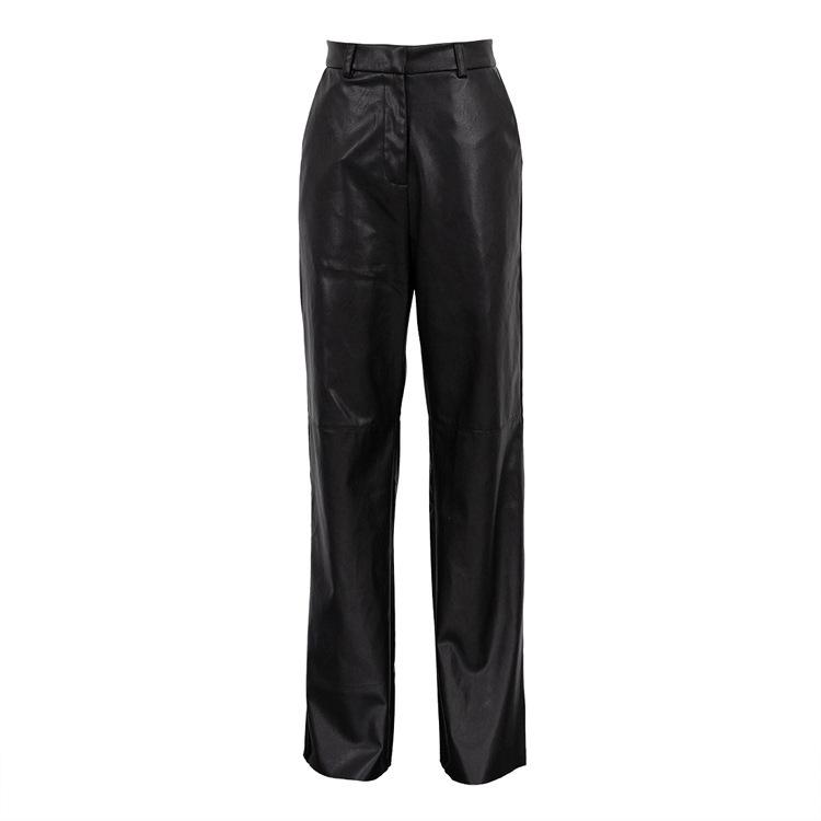 Mode Einfarbiges PU-Leder Gerade Hose Herbst Büro Dame Taschenhose High Street Lässig Damen Slim Lange Hose