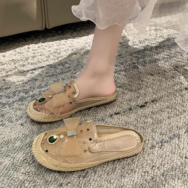 Fisherman Shoes Women's 2024 Spring and Summer Rhinestone Mesh Casual Women's Shoes Bow Loafers Comfortable Soft-soled Bag Head Slippers
