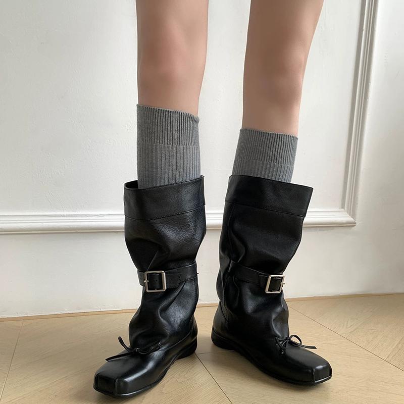 Fashion Designer Ballet Style Women Mid Calf Boots Fashion Belt Buckle Ladies Elegant Mordern Trouser Legs Booties