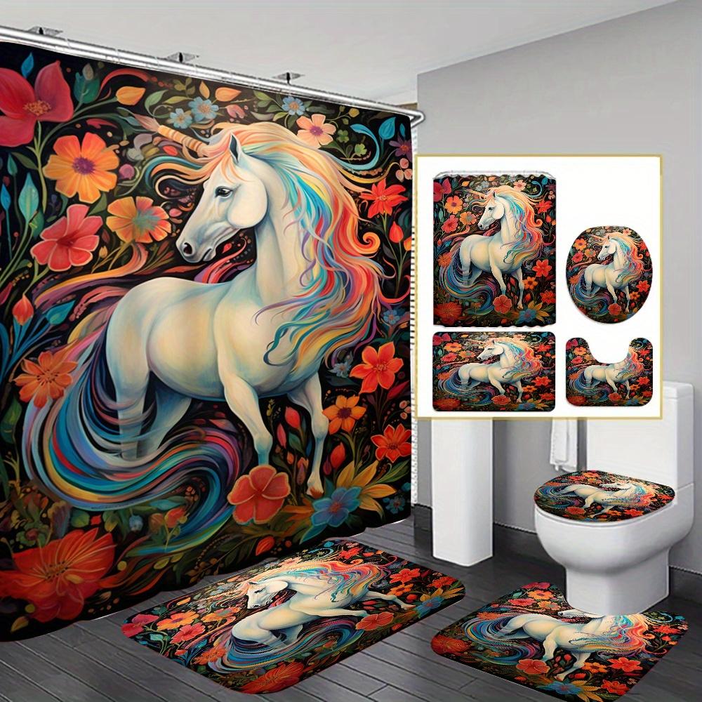 

4pcs Beautiful Unicorn Shower Curtain Set, Bathroom Decor Kit Includes Printed Bathtub Liner with Non-Slip Mat & Toilet Cover 90x180cm