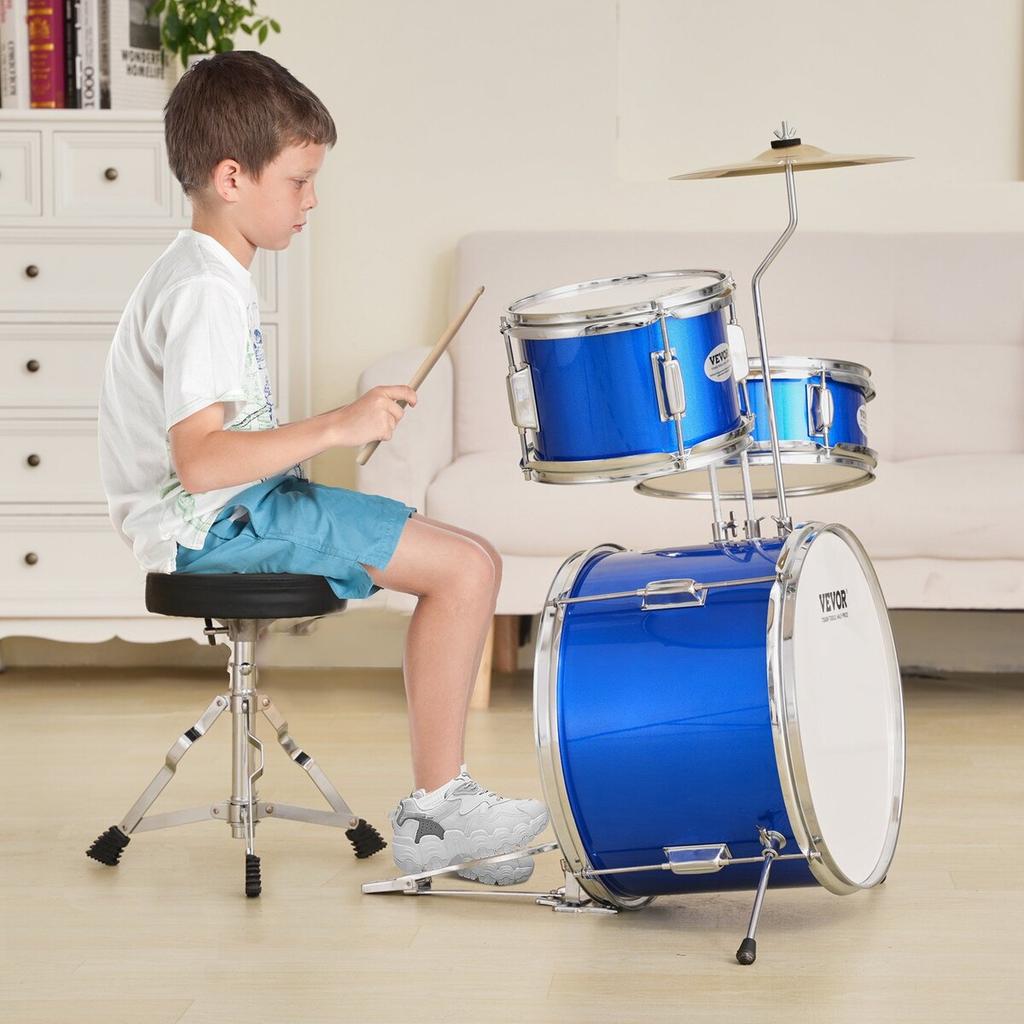 Kids Drum Set 3-Piece 14 in Beginner Drum Set for Child with Throne Blue