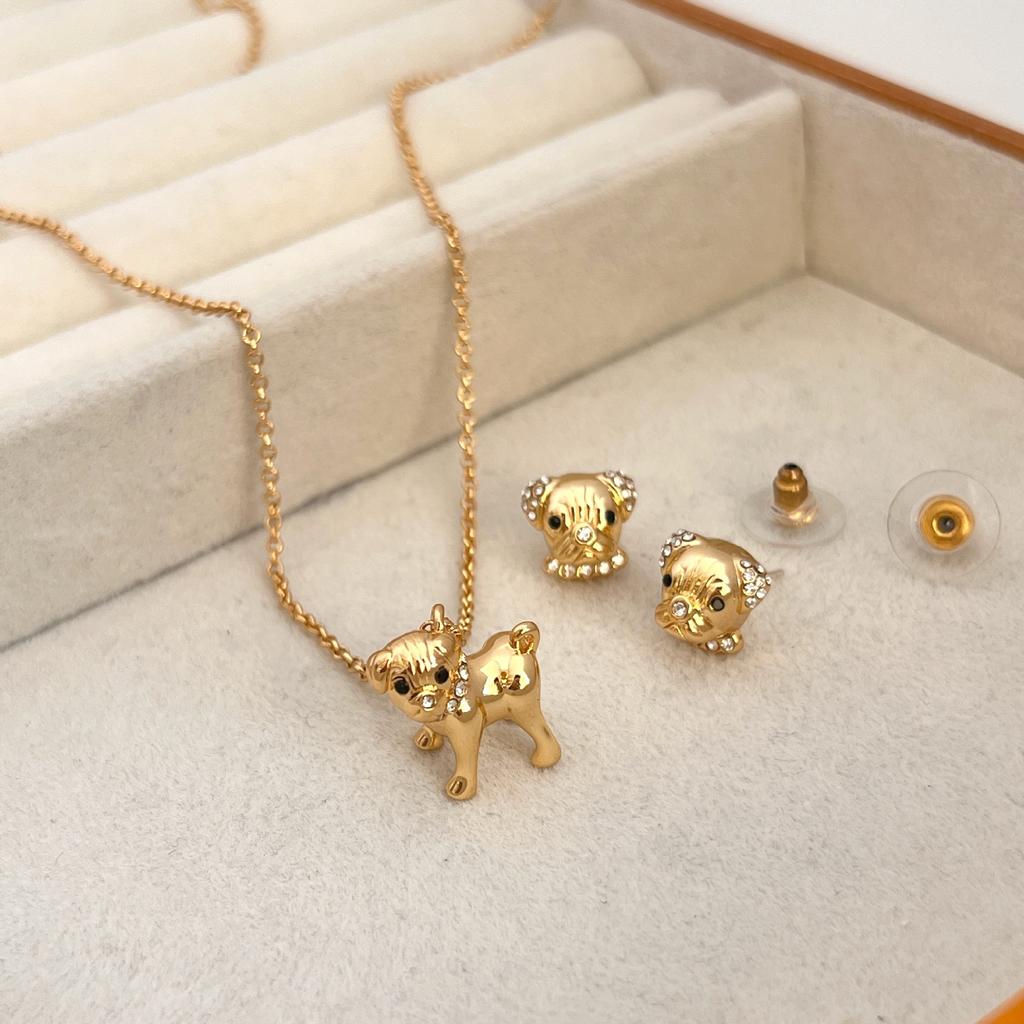 Cartoon Series Pug Dog, Happy Dog Necklace, Needle Earrings, Cute And Fresh Korean Delicate Premium New
