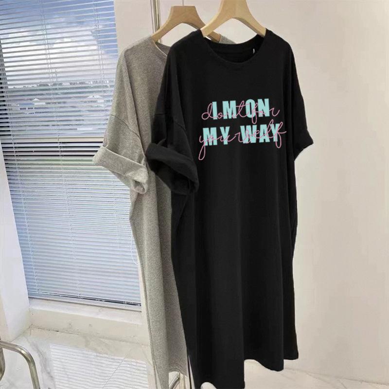 White Dress Loose Cotton Short-sleeved Long T-shirt Women's Skirt Fat Belly and Thin Large Size Split Skirt