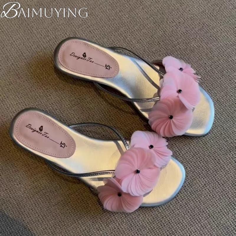 Fashion Flower Casual Flip Flops Shoes Woman Clip Toe Slippers Square Toe Women Heeled Sandals 2025 Trend Summer Elegant Dress Sandalias