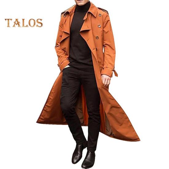 Men Trench Coat Lapel Long Sleeve Solid Color Windbreaker Double Breasted Long Style Outdoor Business Outwear