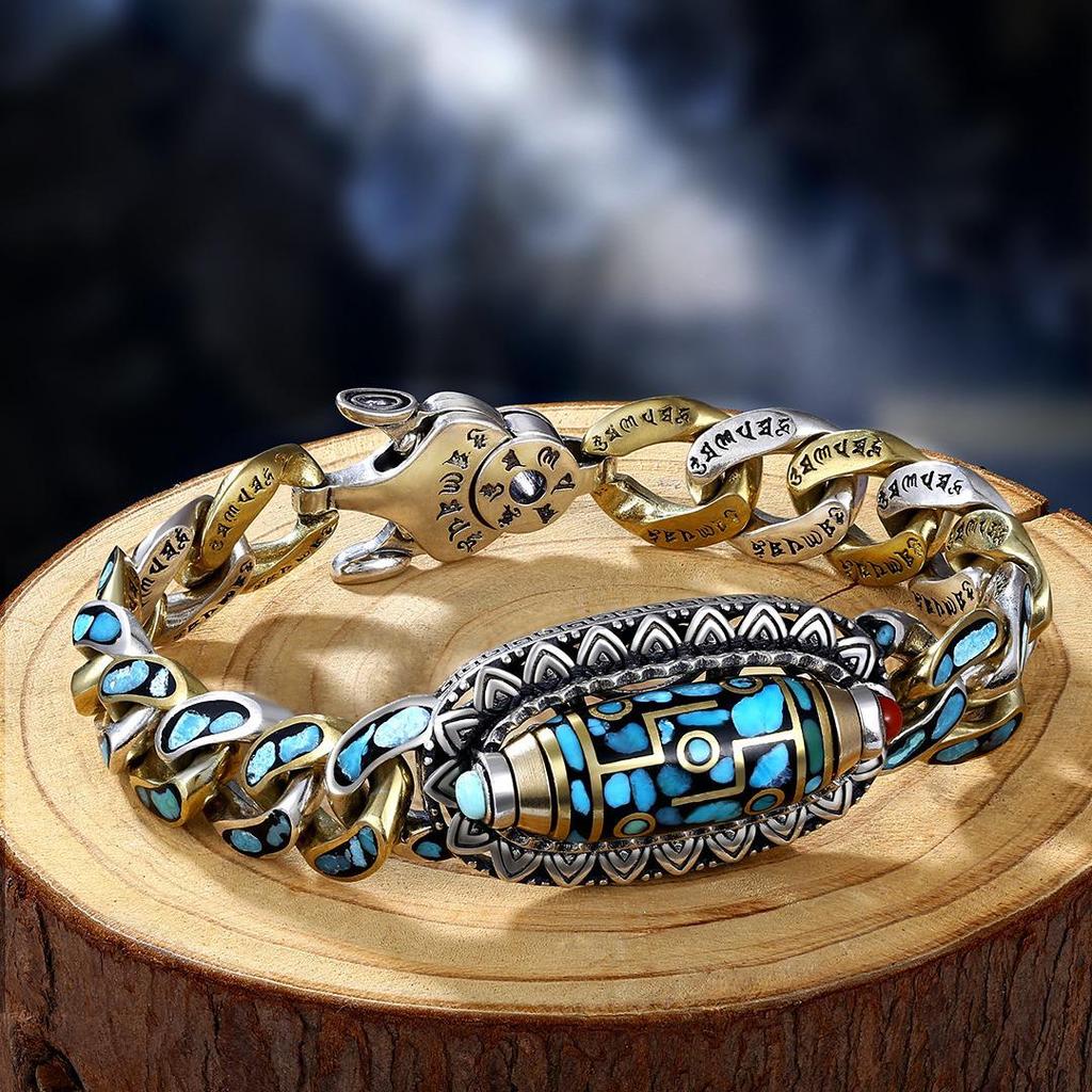 Sterling Silver Turquoise Dzi Bracelet with Six-Character Mantra