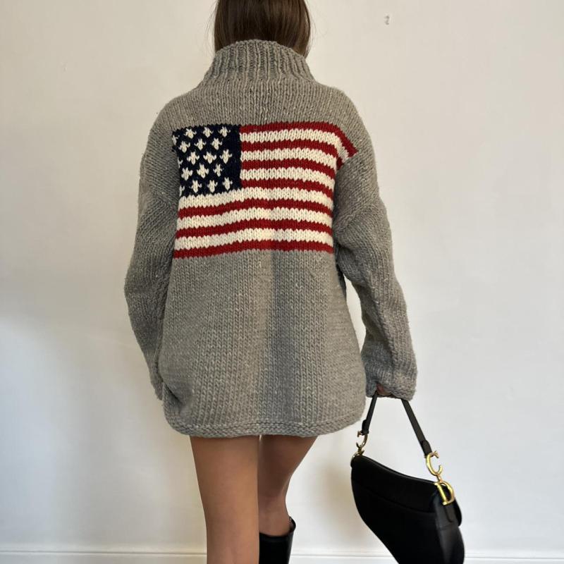 STREETRICH European and American Autumn and Winter Design Sense Flag Print Knit Sweater Casual Loose Round Neck Pullover Sweater