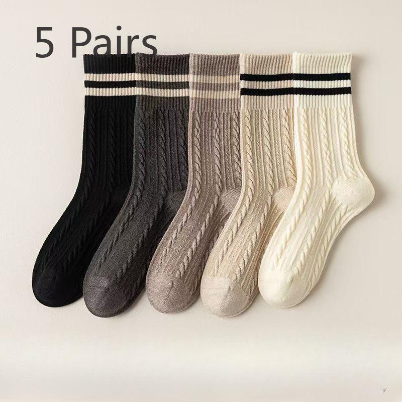 5 Pairs of Women's Striped Socks for Autumn and Winter, Casual Double-bar Twisted Socks, Sweat-absorbing and Breathable, Retro Mid-calf Socks