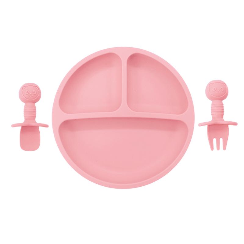 Children's Silicone Divided Plate & Cartoon Bear Spoon Fork Set - Drop-Proof Infant Feeding Tableware