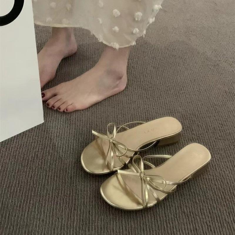 Fashion New Style Design Butterfly-kont Pleated Thin Low Heel Women Slippers Fashion Round Head Stripper Party Dress Female Summer Shoes