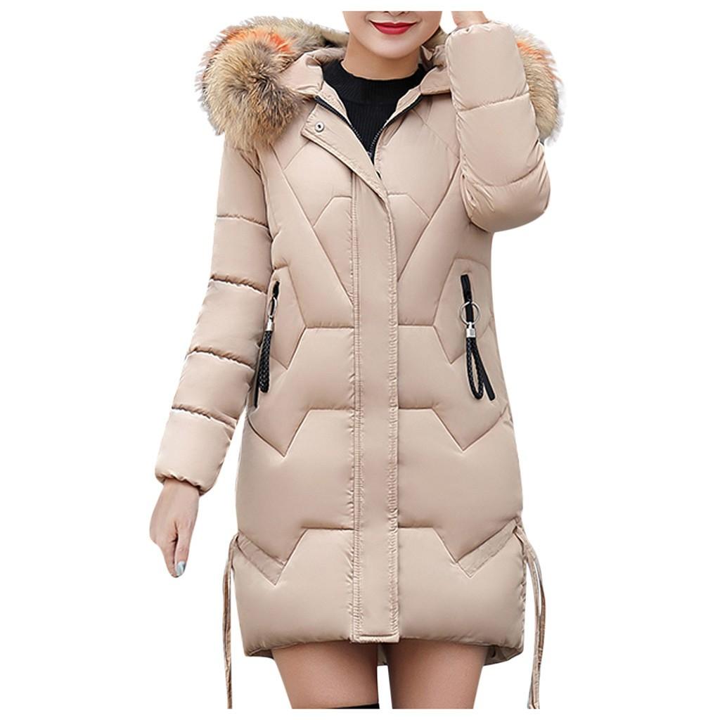 Women's Fashion Big Hair Collar Slim Waist Long Down Cotton Jacket Cotton Coat