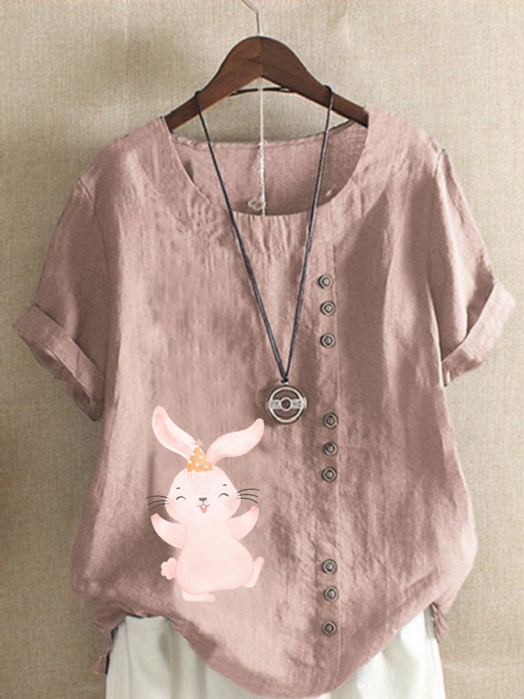 Women's Fashion Cute Rabbit Print Shot Sleeve T-shirt Loose Cotton Shirt Casual Loose Summer Blouse Tops Plus Size