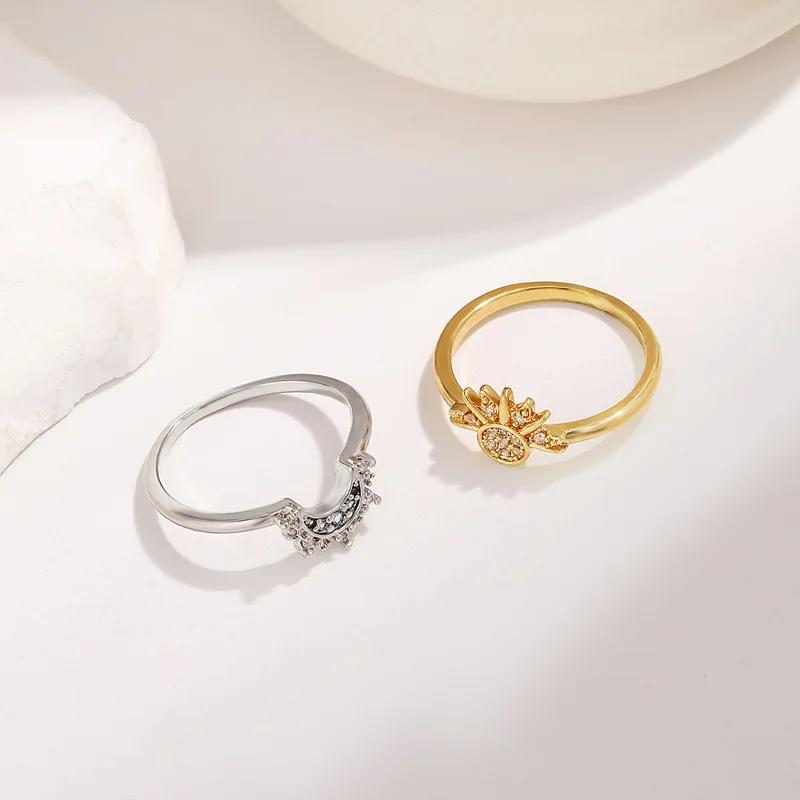 YILUOCD CopperSun and Moon Ring Set for Women Sparkling Cubic Zirconia Stackable Rings Promise Couple Fine Jewelry