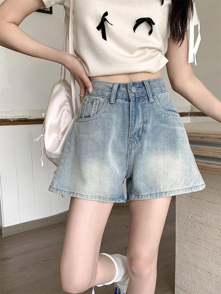 Korean High-Waisted Blue Wide-Leg Jeans for Women - Plus Size Summer Slimming Shorts