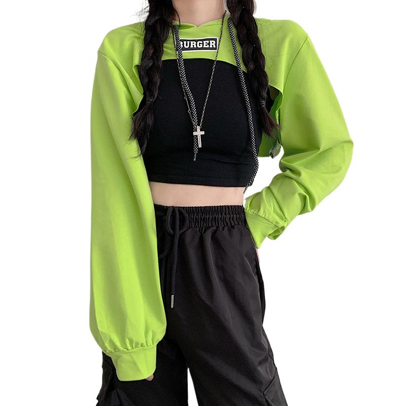 Dámská mikina s vysokým pasem, volná krátká, odhalující pupík, s dlouhým rukávem, jazzový hip-hopový top, tenká s kapucí
