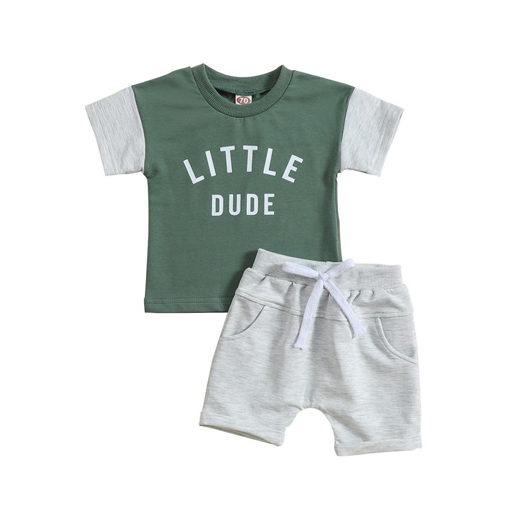 Summer Children's Wear Crewneck Letter-printed Top Solid Color Shorts Two-piece Set