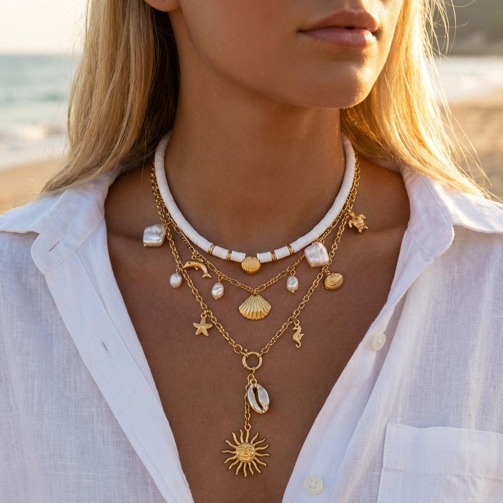 Boho Multilayer Starfish Shell Rice Beads Necklace for Women Irregular Stones Sun Pendant Neck Chain Girl Party Vacation Jewelry