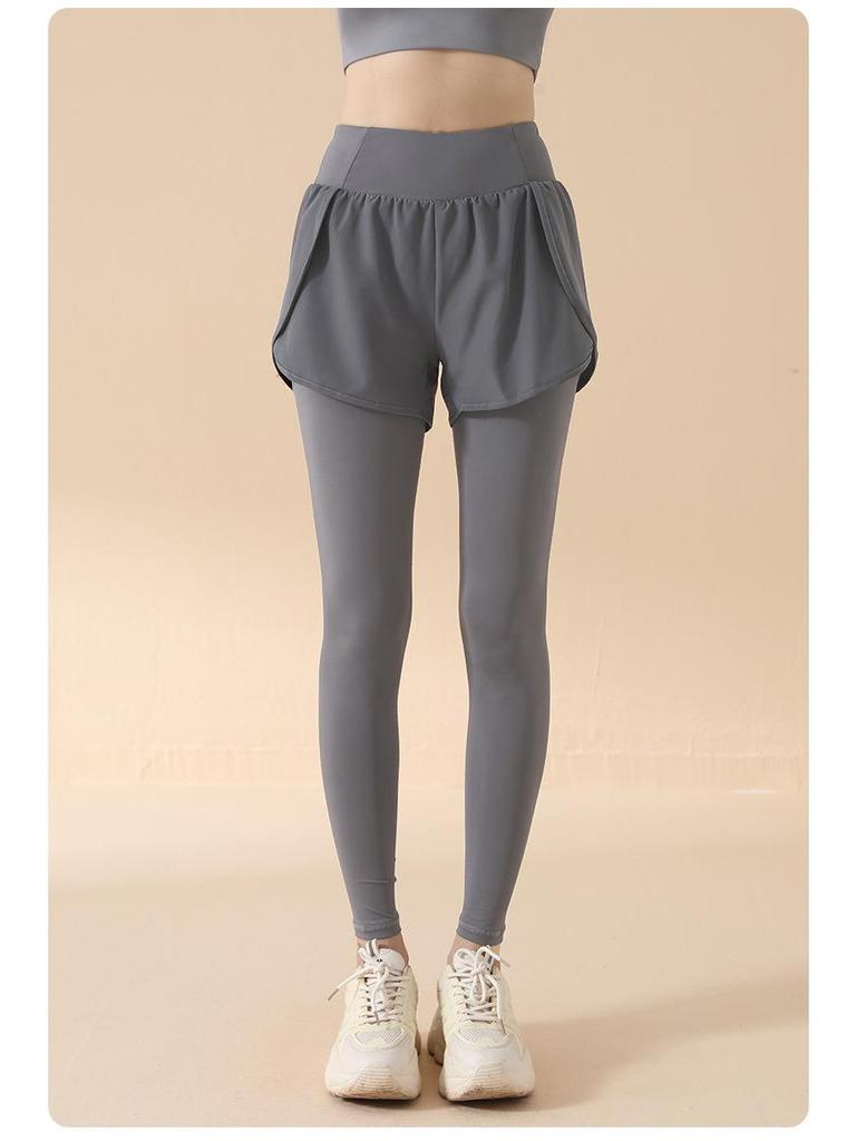 2025 High Waist Yoga Pants: Fake Two-Piece, Elastic, Hip-Lifting, Tummy Control, Nude Feel, Anti-Exposure Running and Fitness Wear