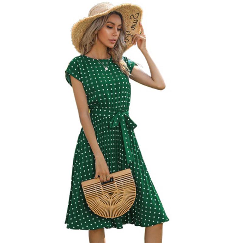 Women's Summer Polka Dot Round Neck Midi Dress with Retro Pleated Skirt