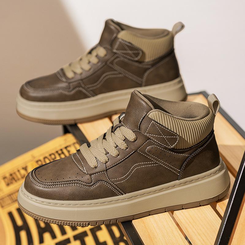 Spring Wheat Leather Men's Shoes Trendy Versatile Sports and Leisure Shoes Genuine Leather Board Shoes Retro Tooling Medium Help Martin Boots