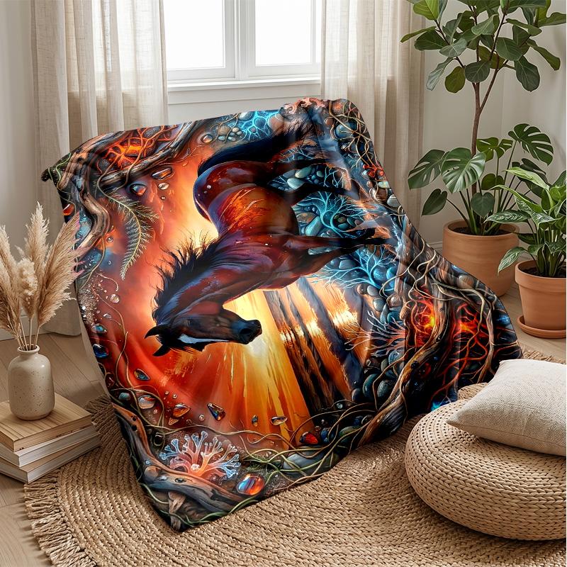 Ethereal Horse Symphony Theme Blanket Lightweight Warm Flannel Blanket Decorative Throw Blanket for Home Decoration
