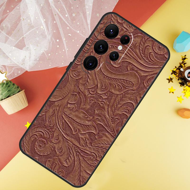 Brown Hand Tooled Western Phone Case For Samsung Galaxy S25 Ultra S23 S21 S20 S22 S24 FE S9 S10 Plus Cover Coque