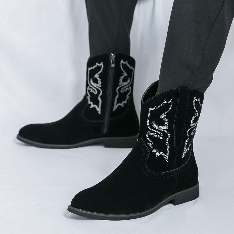 

Мужские ковбойские ботинки с острым носком, черные, коричневые, повседневные, в стиле ретро, кожаные ботинки на молнии, мужские демисезонные замшевые ботинки до середины голени, большие размеры EU:38