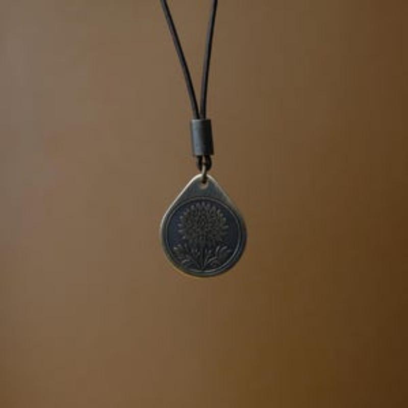Chrysanthemum Necklace/pendant. Made of Solid Copper and Equipped with Adjustable/sliding Leather Rope.