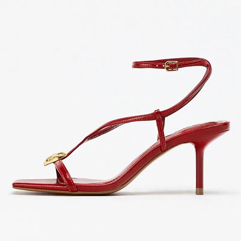 Fashion Summer Sexy Square Toe Metal Buckle Designer Thin High Heels Women Red Ankle-Wrap High Heeled Sandals Luxury Wedding Bridal Shoe