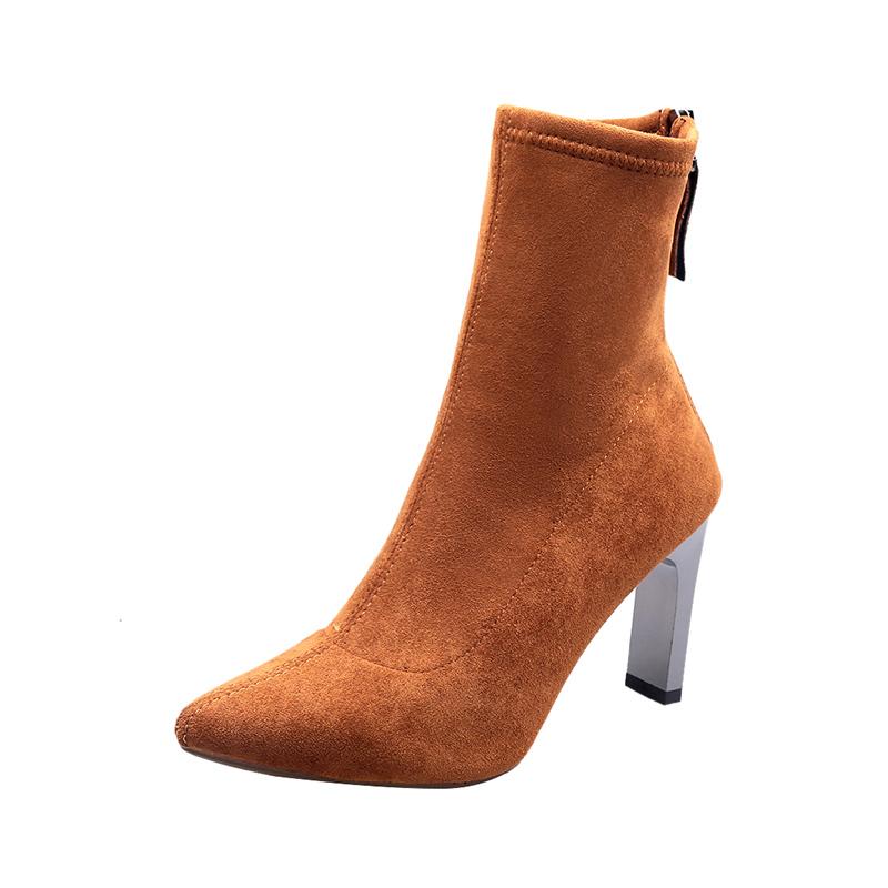 Fashion Aphixta Stiletto Boots Women Shoes Zip Stretch Fabric Female Botas Pointed Toe Mid-Calf Socks Thin High Heel Elastic High Boots