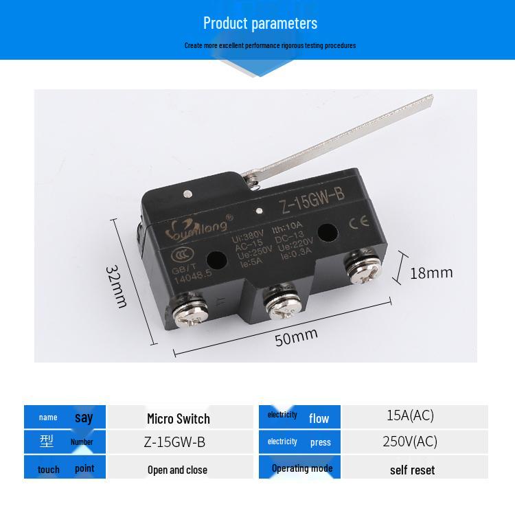 Z-15GW-B Micro Switch: Self-Reset, Stroke Limit, 1 NO & 1 NC, Silver Contacts