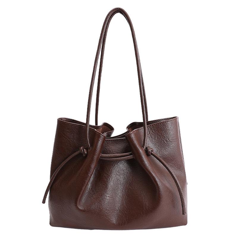 

Soft PU Tote Bag with Drawstring Detail Large Capacity Everyday Fashion Shoulder Bag for Women кавовий