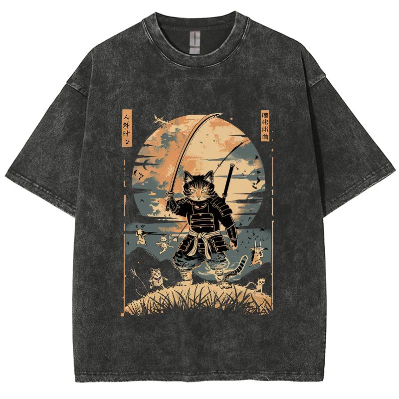 Japanese Cartoon Cat Samurai Print T-Shirt Unisex Retro Oversized Loose Short Sleeves Comfortable Cool Fashion Tee