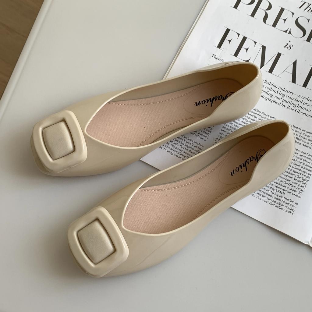 Fashion Women's Summer New PVC Solid Color Square Button Sandals Fashion Shallow Mouth  Casual Flat Women's Single Shoes