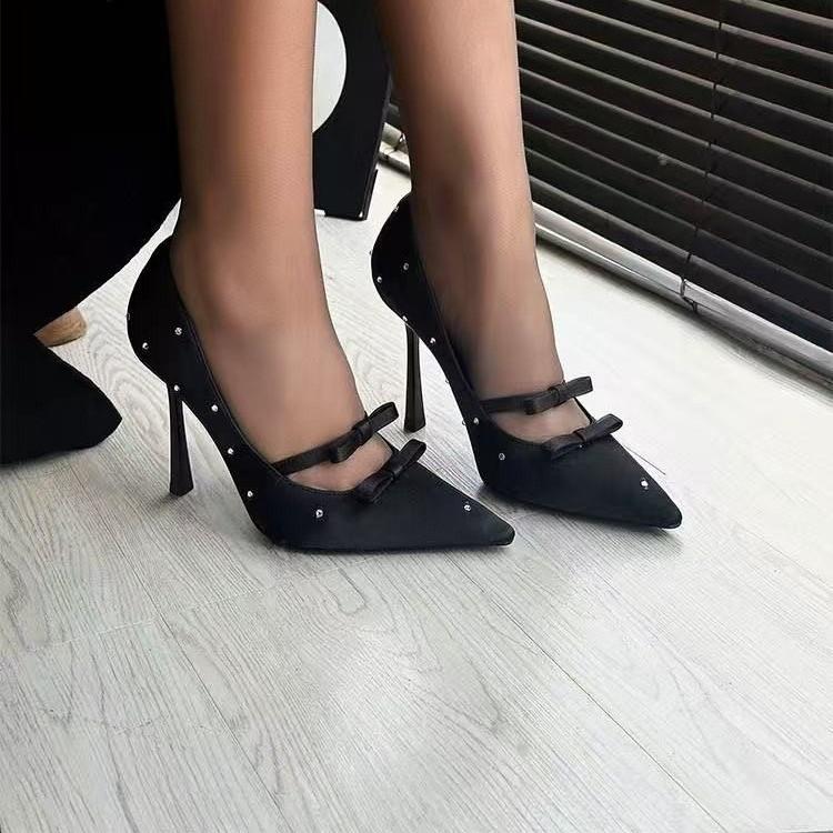 Polka dot French temperament bow square head black rhinestone single shoes women's shoes 2025 new high heels
